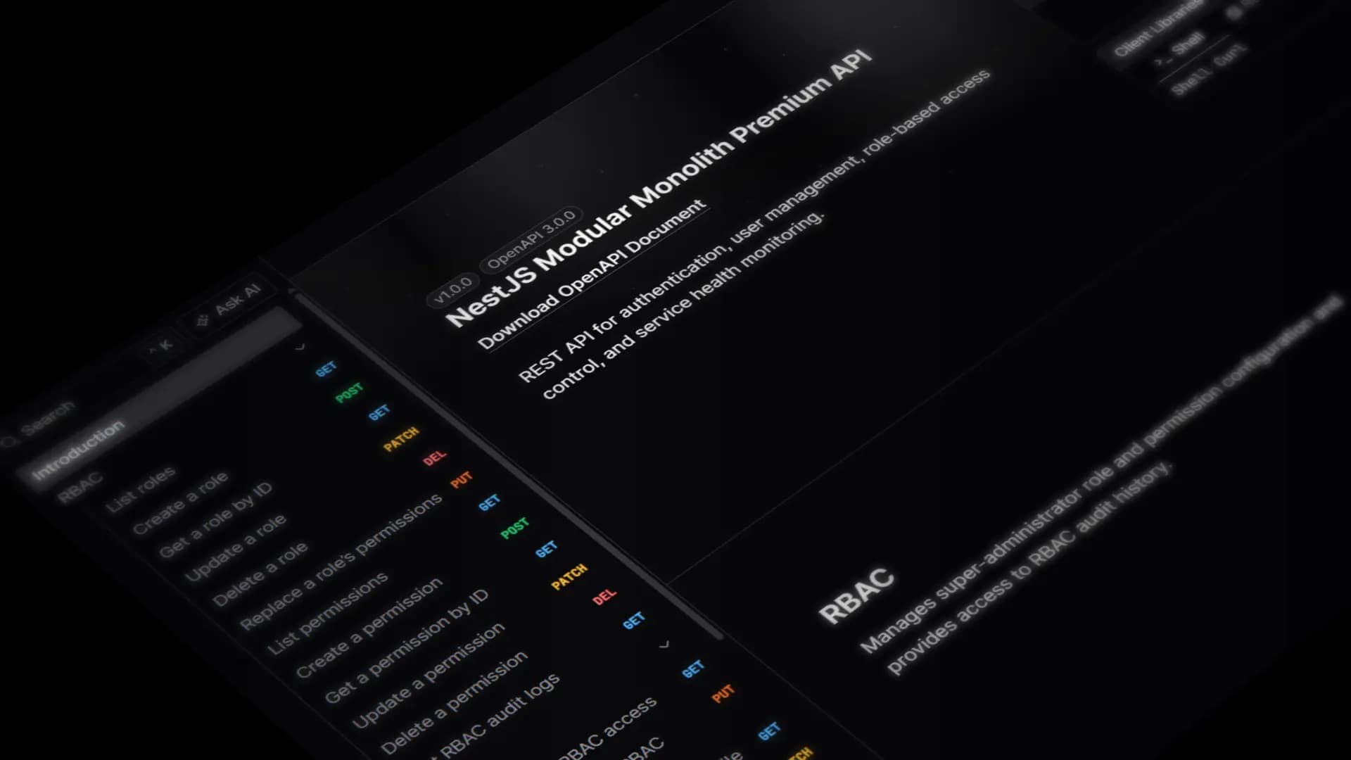 OpenAPI documentation and RBAC capabilities included with the Pro product in dark mode